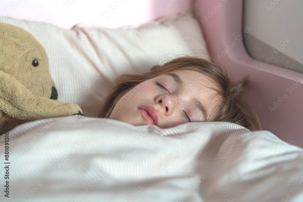 cute little girl sleeps in bed with plush toy cute little girl sleeps in bed with plush toy