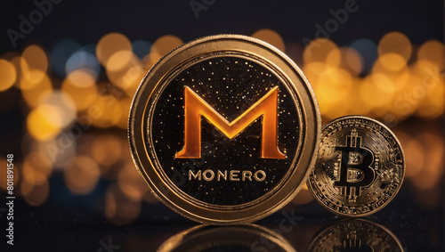 Monero Digital Currency Emblem, Gold Coins Logo Symbolizing Cryptocurrency Trade.