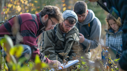 A group of biology students conducting a field study in a local ecosystem, observing wildlife and collecting data to understand ecological processes.