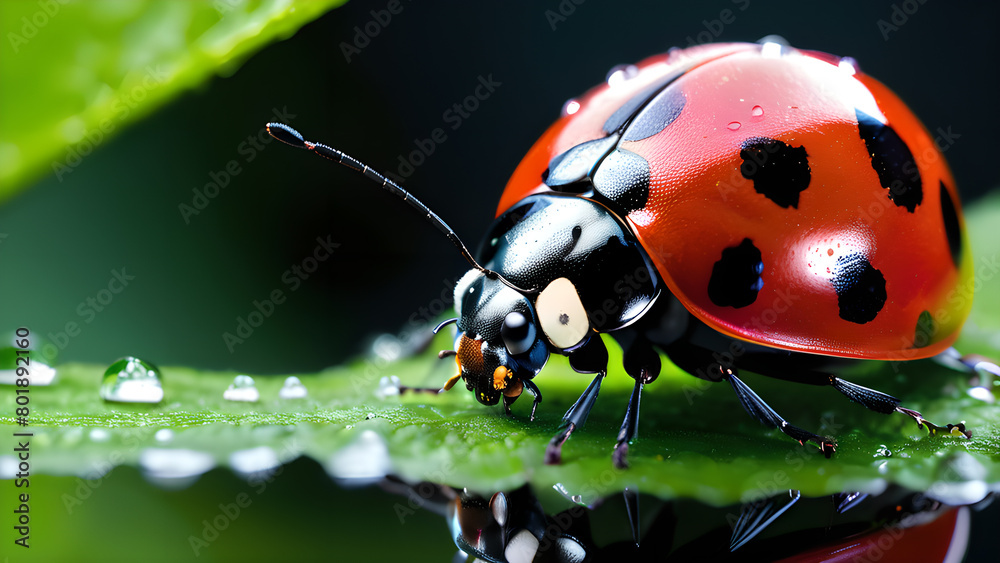Photo of a ladybug on a leaf. Macro photo of an insect.