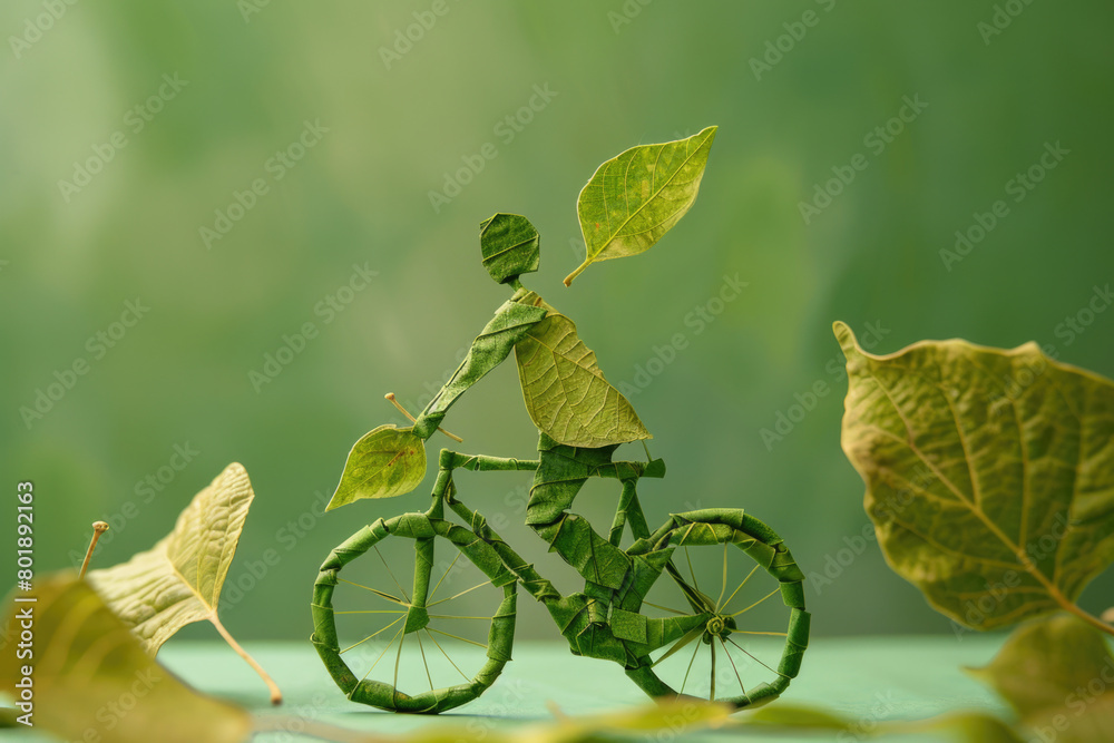 A person riding a bicycle made of leaves.