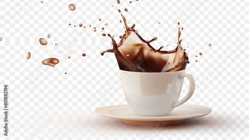 A white coffee cup with a splash of brown liquid on top