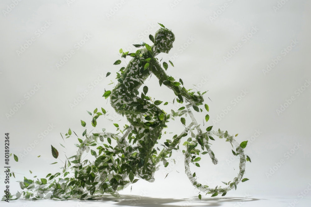 A person riding a bicycle made of leaves.
