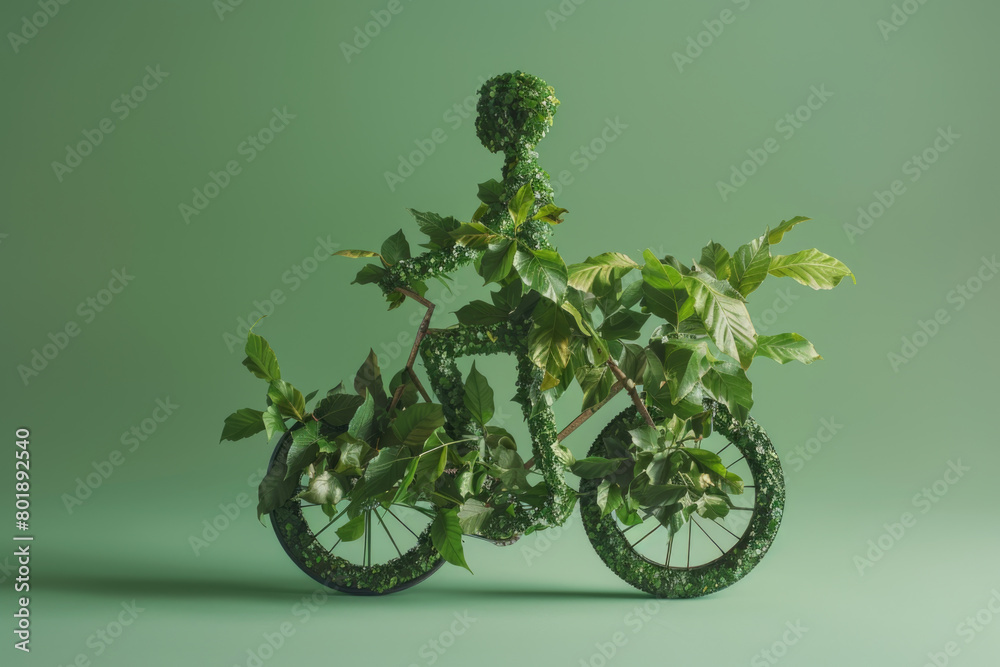 A person riding a bicycle made of leaves.