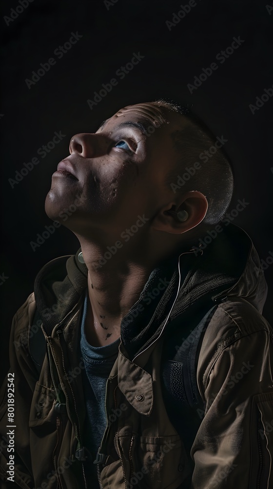 Fototapeta premium Captivating Portrait of a Resolute Soldier Confronting Life's Challenges