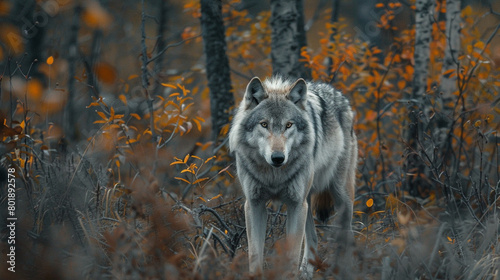 A lone wolf prowling through a dense forest at twilight  its sleek gray coat camouflaging it among the shadows  as it navigates its solitary existence in the wilderness with grace and stealth.
