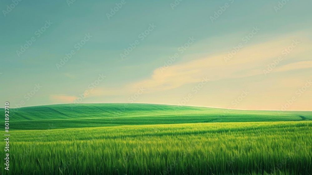 A large, lush green field with a clear blue sky