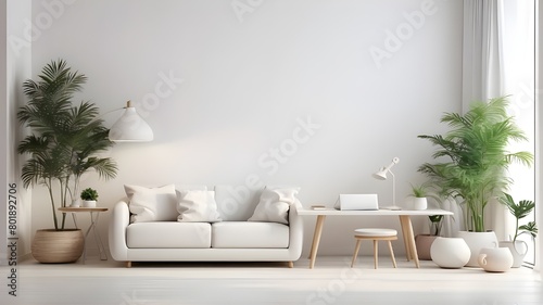 A simple space, living room, wall art, abstract modern interior design, neutral palette picture mockup, and little blank poster showcase modern aesthetics. mock up of a blank frame.     © Qazi Sanawer