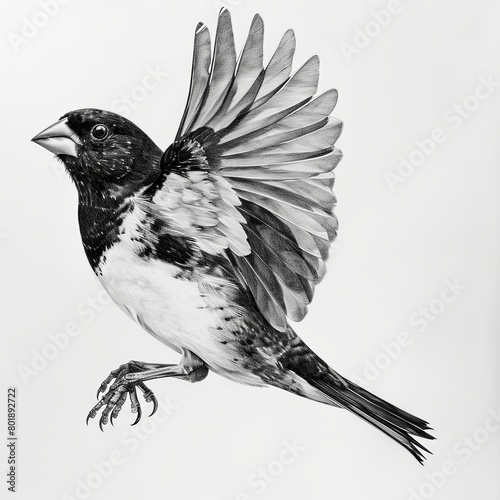 Rose Breasted Grosbe Pencil Sketch Hand Drawn Black and White Depiction of Pheucticus Ludovicianus on a Blank White Background photo