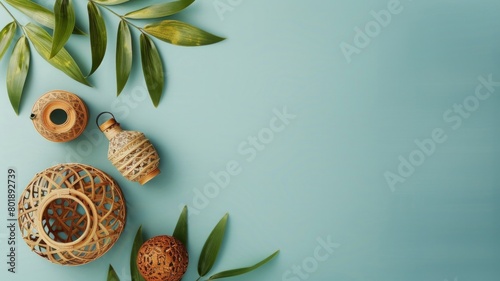 A blue background with a bunch of different shaped vases