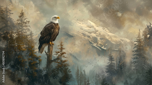 A majestic bald eagle perched high atop a solitary tree in a remote forest, its keen eyes scanning the horizon for prey, symbolizing the freedom and independence  © Sajawal