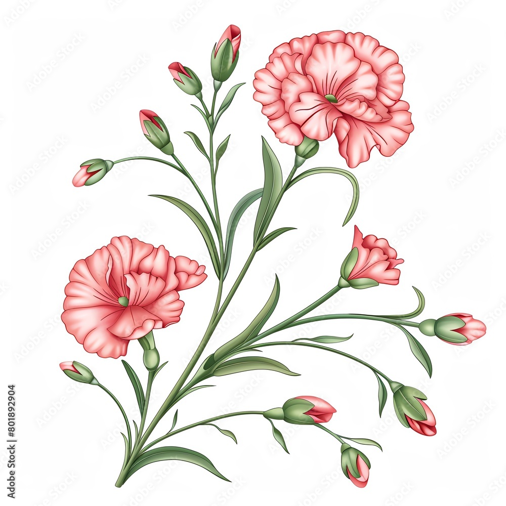Whimsical depiction of carnations intertwined with soft green leaves and tiny buds, creating a festive Mother's Day theme, on a white background Whimsical depiction of carnations intertwined with soft green leaves and tiny buds, creating a festive Mother's Day theme, on a white background