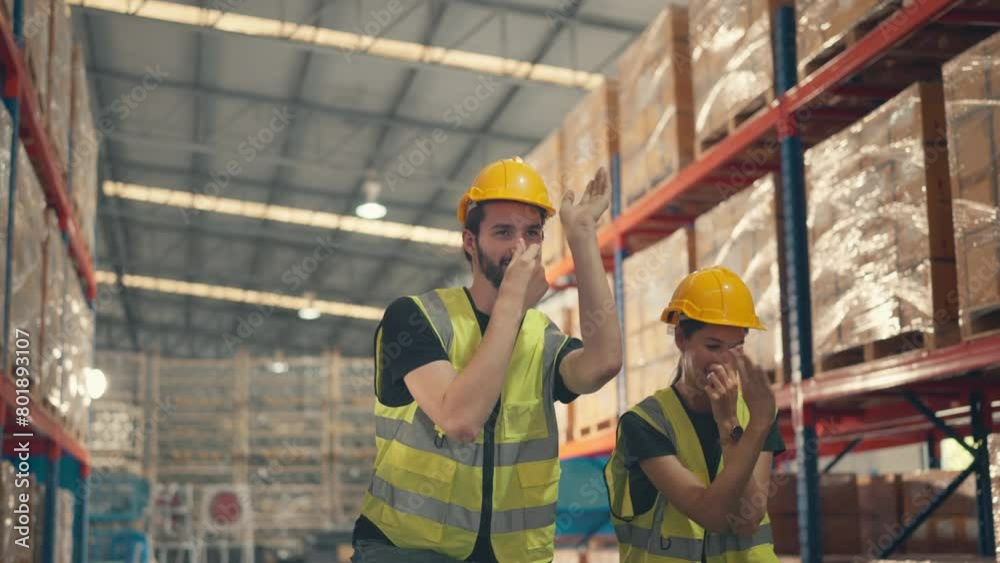 Happy man and woman workers having fun and dancing standing in the retail warehouse full of shelves, Workers employee having fun and relaxing in storehouse. Happy man and woman workers having fun and dancing standing in the retail warehouse full of shelves, Workers employee having fun and relaxing in storehouse.