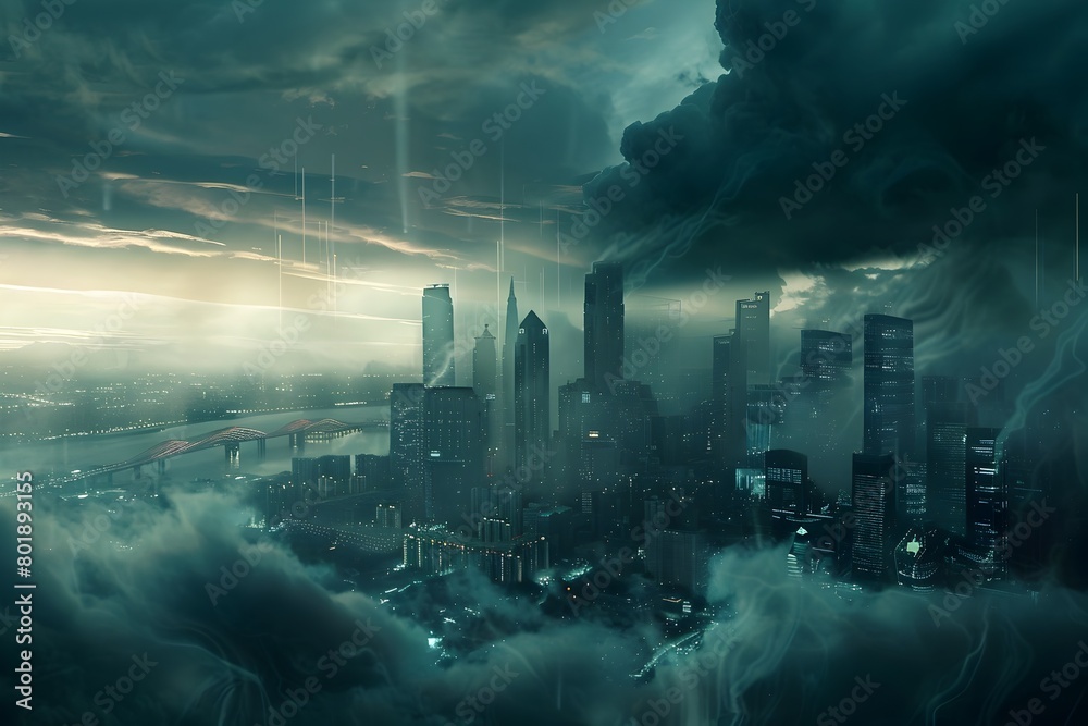 Futuristic City Skyline with Dramatic Storm Clouds Looming Overhead