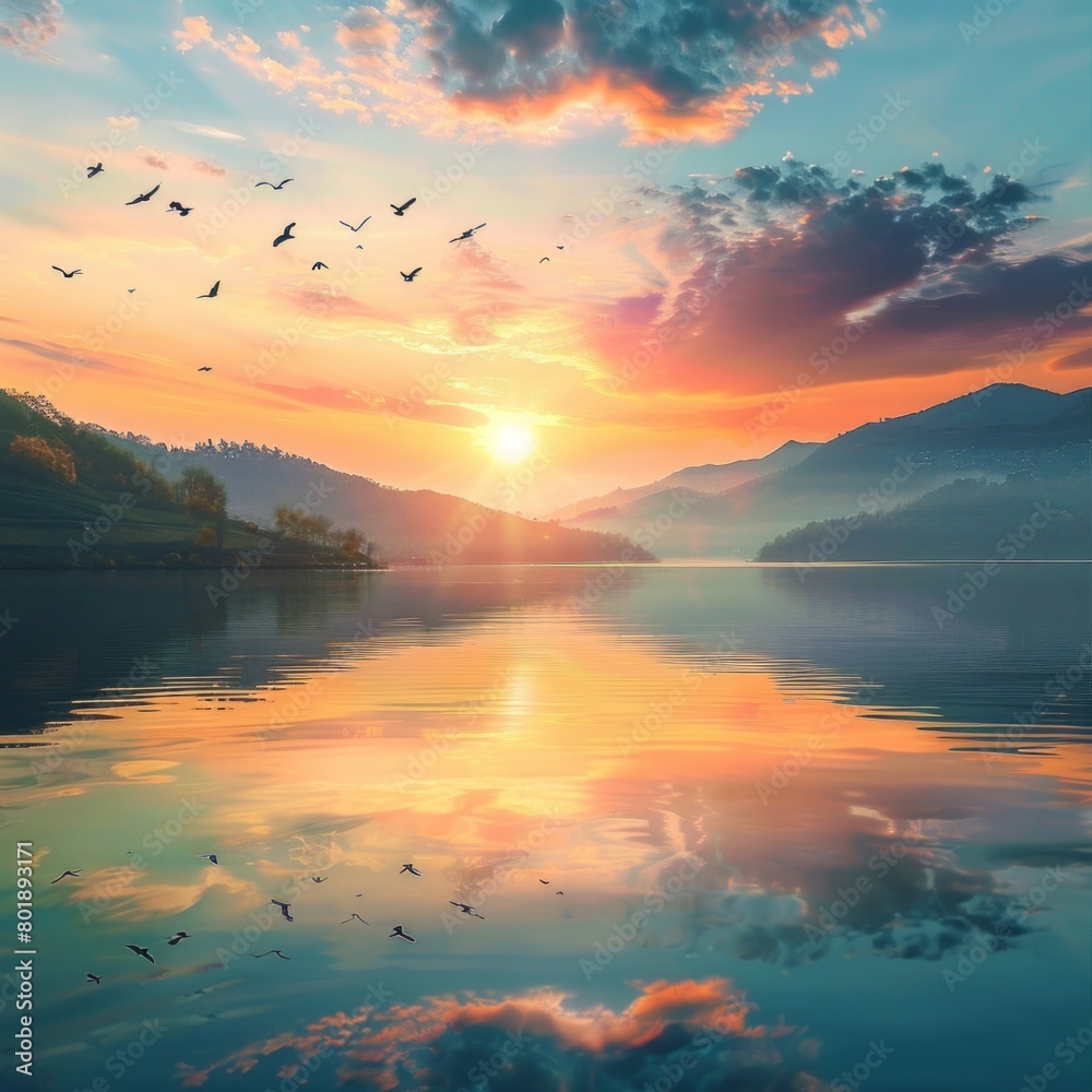 A beautiful sunset over a lake with birds flying in the sky