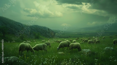 A flock of sheep peacefully grazing in a lush green pasture  unaware of their sacred destiny on Kurban Bayrami
