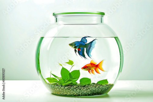  Betta fish and Goldfish swimming together inside a large glass jar with broad green leaves