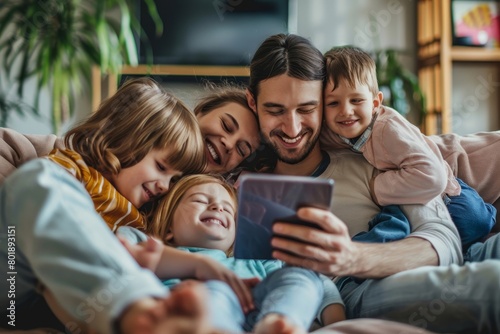 Happy young family having fun time at home. Parents with children using digital device  Generative AI