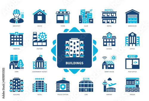 Buildings icon set. Architect, Slum, Government Agency, Office, Hotel, Airport, School, Factory. Duotone color solid icons
