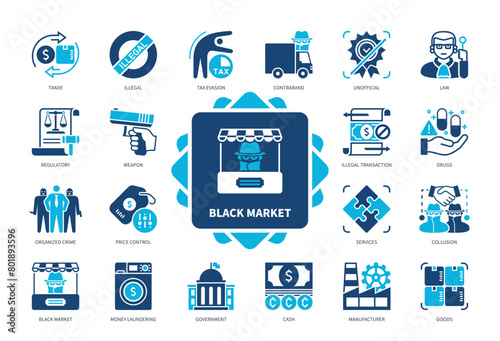 Black Market icon set. Illegal, Contraband, Money Laundering, Trade, Unofficial, Goods, Weapon, Drugs. Duotone color solid icons photo
