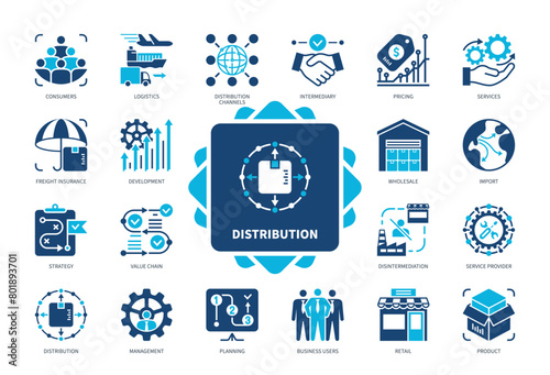 Distribution icon set. Disintermediation, Consumers, Intermediary, Management, Wholesale, Product, Pricing, Development. Duotone color solid icons photo