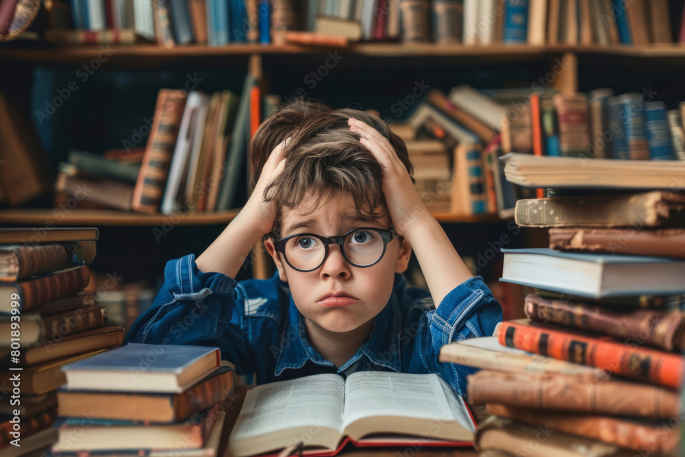 Boy in glasses is sitting at a desk surrounded by books. Education concept Boy in glasses is sitting at a desk surrounded by books. Education concept