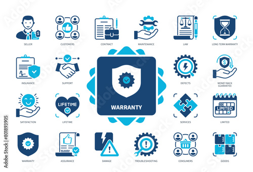 Warranty icon set. Contract, Maintenance, Damage, Assurance, Law, Insurance, Service, Customers. Duotone color solid icons