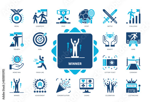 Winner icon set. Goal, Triumph, Challenge, Congratulation, Medal, Achievement, Celebration, Lottery Ticket. Duotone color solid icons