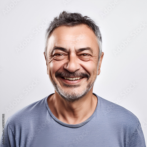 close up portrait of an elegant senior man blue eyed and with grey hair isolated on white background. © Nadezda Ledyaeva