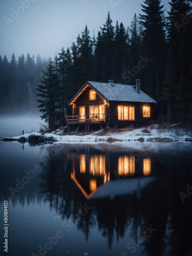 Remote Lakeside Cabin nestled in fog within a coniferous woodland on a wintry night, its windows emitting a soft, inviting light against the misty backdrop.