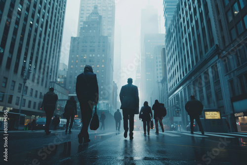 Commuters on their way to work in the dense morning fog of the city.