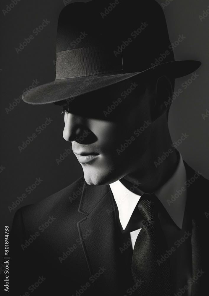 Mysterious Man in Fedora Hat and Suit Noir Style Portrait Mysterious Man in Fedora Hat and Suit Noir Style Portrait