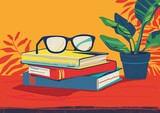 Reading Glasses on Stack of Books with Plant on Sunny Day Illustration
