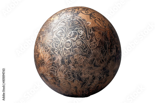 A single  coconut engraved with intricate patterns  isolated on transparent background  PNG file.