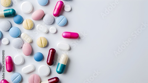Assortment of Multicolored Pharmaceutical Tablets on a Minimalist White Background