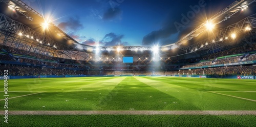 A soccer football stadium illuminated at night with a lively crowd of spectators and an empty field awaiting the game