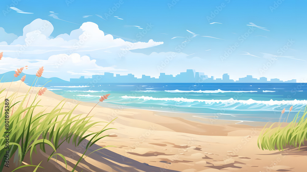 Naklejka premium Coastal Getaway, Idyllic Beach Scene under Clear Skies, Realistic Beach Landscape. Vector Background