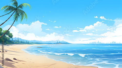 Coastal Getaway, Idyllic Beach Scene under Clear Skies, Realistic Beach Landscape. Vector Background