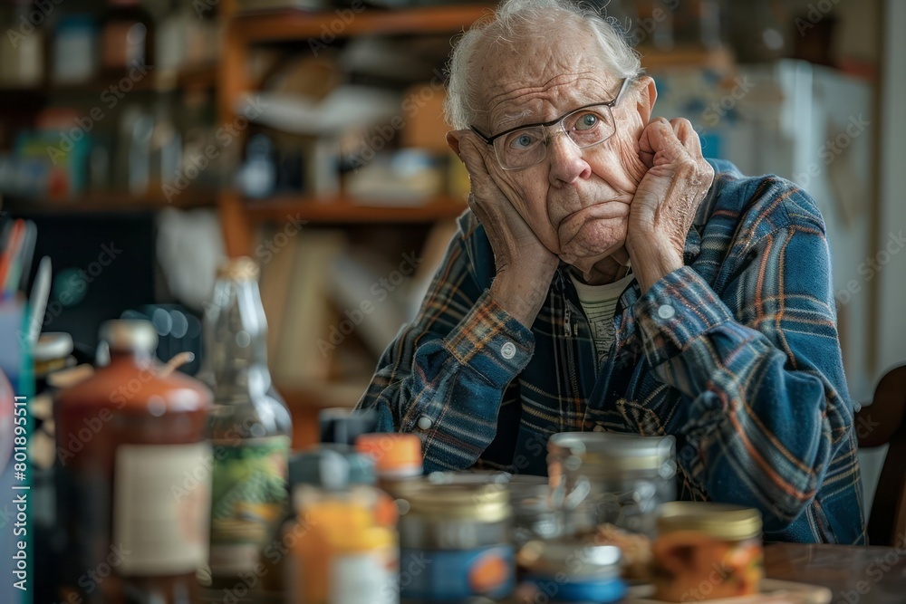 Senior individual looking puzzled by common objects, depicting cognitive decline