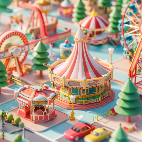 A cartoon city with a carousel and a Ferris wheel