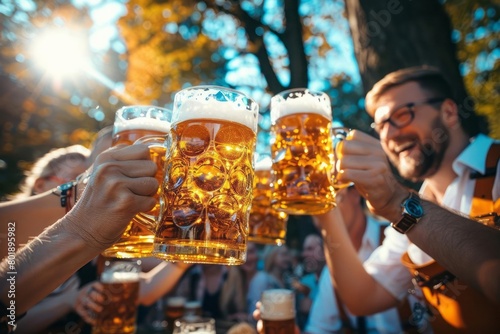 Lively Oktoberfest scene with people in traditional Bavarian costumes, clinking beer mugs