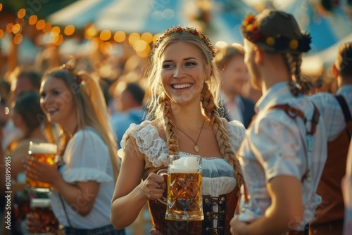 Lively Oktoberfest scene with people in traditional Bavarian costumes, clinking beer mugs © DK_2020