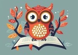Cute Cartoon Owl Reading a Book on Branch Illustration