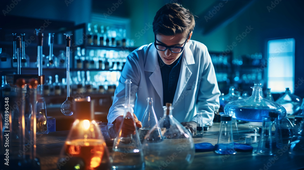A student in a chemistry lab conducting experiments, s A student in a chemistry lab conducting experiments, s