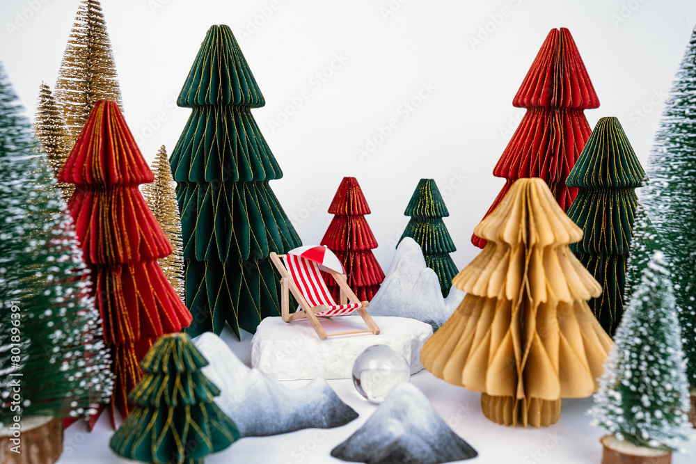 Christmas-themed desktop photo zone on a white background, side view Christmas-themed desktop photo zone on a white background, side view