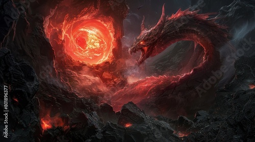 A the craggy cliffs and treacherous paths of the mountain a deep cavern could be found. Within it a fiery dragon lay curled protectively . . photo