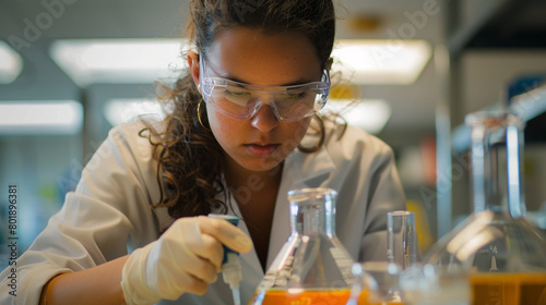 A chemistry student carefully titrating a solution in a volumetric flask, practicing precision and accuracy in a fundamental laboratory technique.