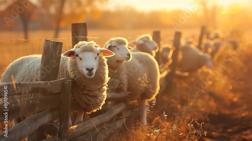 A group of cute sheep gathered around a rustic wooden fence, their woolly coats shining in the golden light of the setting sun photo