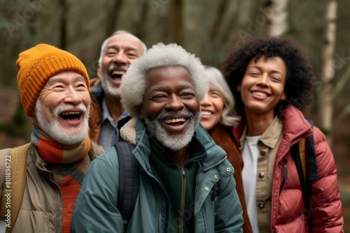 Group of multiethnic senior friends having fun together in the forest