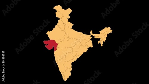 Gujarat map animated video. Gujarat location in India highlighted colour with transparent background in video format. Map animation video. photo